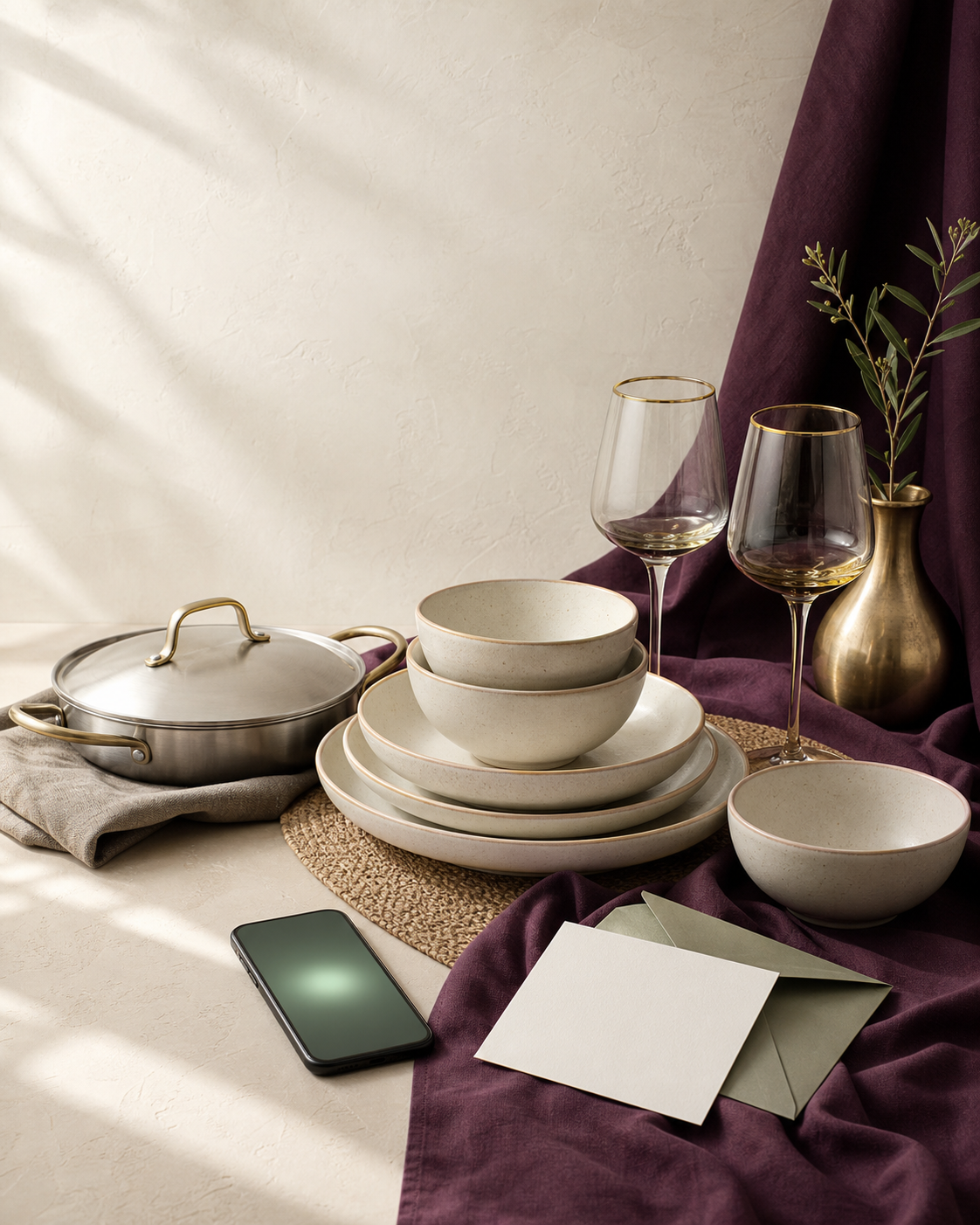 Cream ceramic dinnerware and premium cookware arranged for a wedding registry